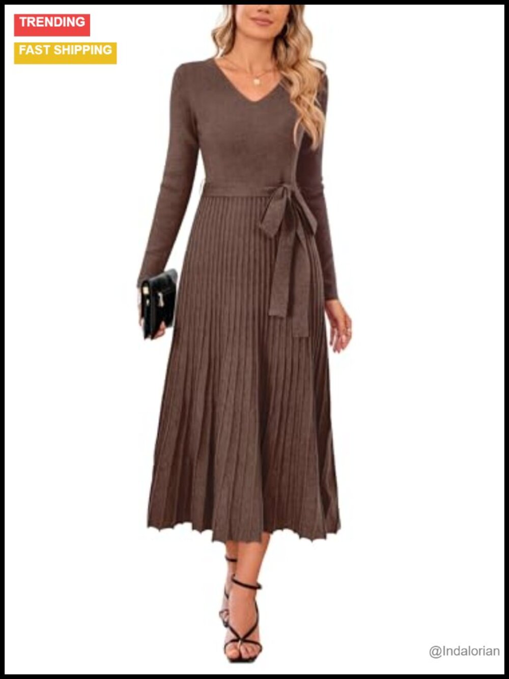 Wool Blend V Neck Tie Waist Midi Sweater Dress Long Sleeve